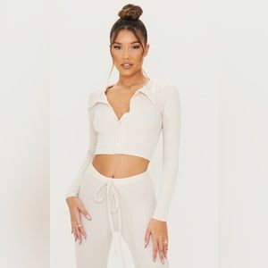 Cream Ribbed Collar Long Sleeve Top